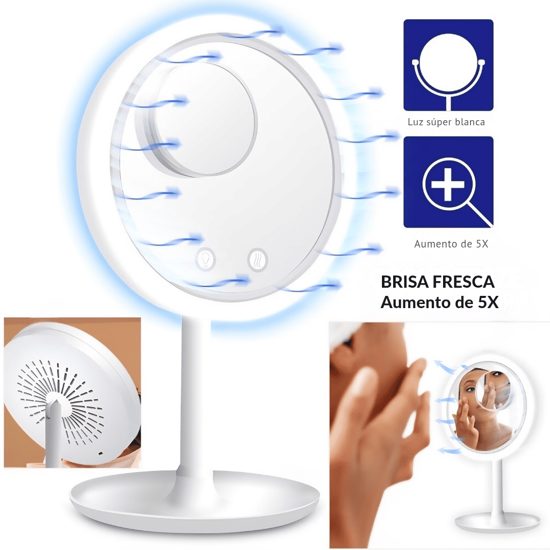 Espejo de Maquillaje LED 3 en 1 con Ventilador y Lupa 5X