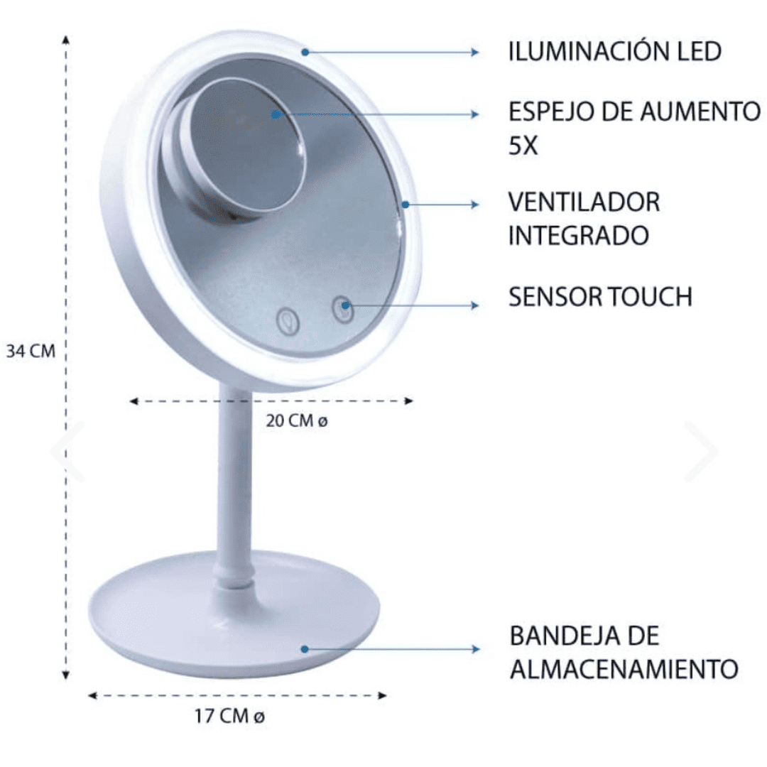 Espejo de Maquillaje LED 3 en 1 con Ventilador y Lupa 5X