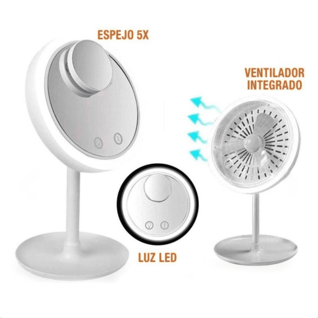 Espejo de Maquillaje LED 3 en 1 con Ventilador y Lupa 5X